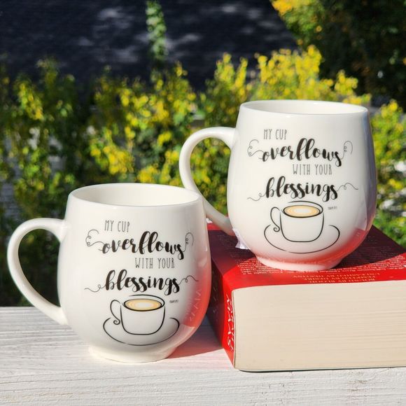 Set of 2 Ceramic Coffee Mug‎ Double Sided My Cup Overflows With Your Blessings - Picture 5 of 14